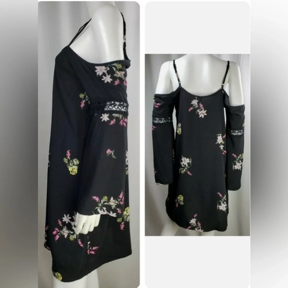Xhilaration Womens Black Floral Cold Shoulder Pink Peasant Dress Size XXL